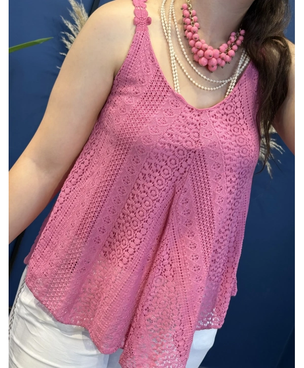İtalyan Dantel Delikli Bluz Pembe 83476