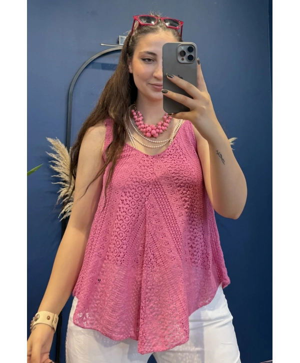 İtalyan Dantel Delikli Bluz Pembe 83476