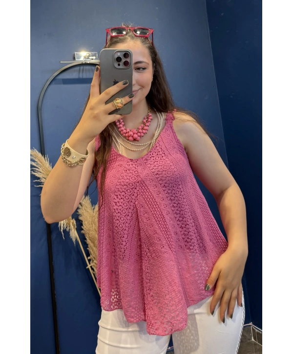 İtalyan Dantel Delikli Bluz Pembe 83476