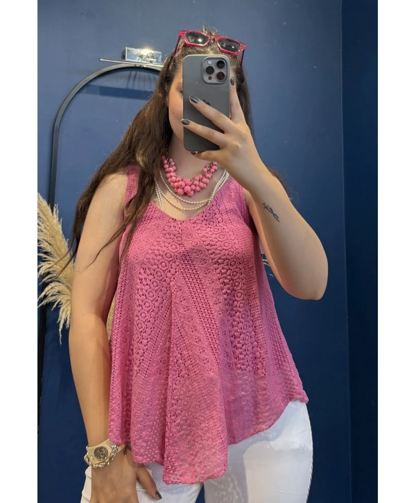 İtalyan Dantel Delikli Bluz Pembe 83476
