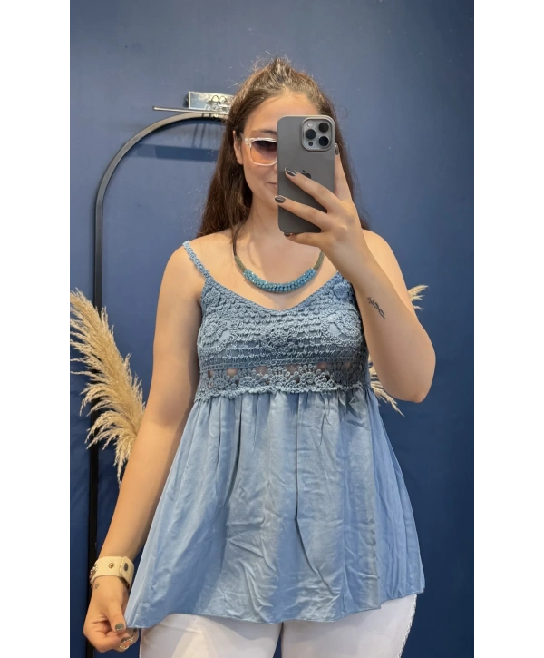 İtalyan Dantelli İp Askılı Kısa Bluz İndigo 82218