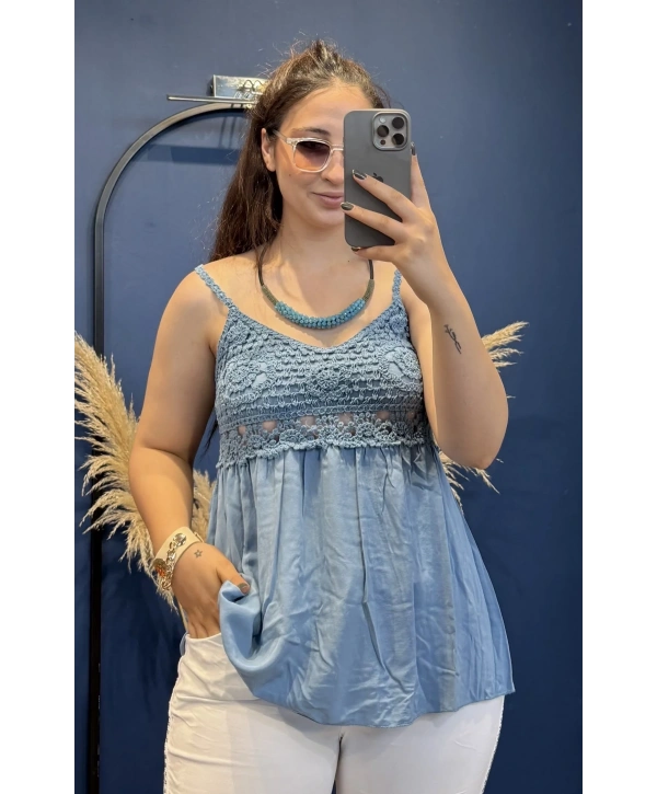 İtalyan Dantelli İp Askılı Kısa Bluz İndigo 82218