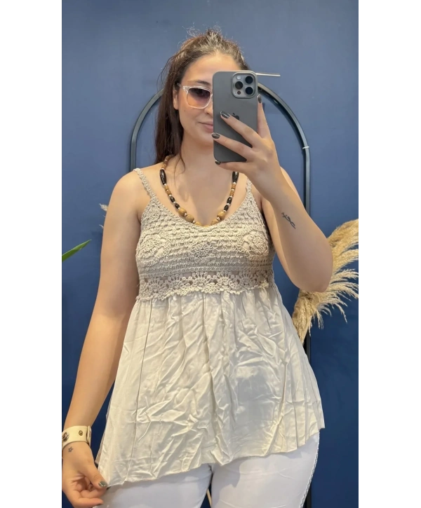 İtalyan Dantelli İp Askılı Kısa Bluz Vizon 82218