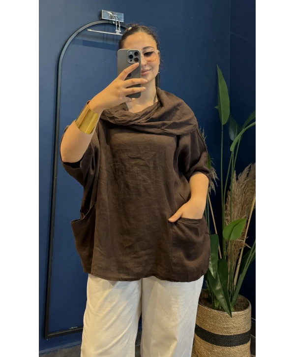 İtalyan Degaje Yaka Keten Bluz kahverengi