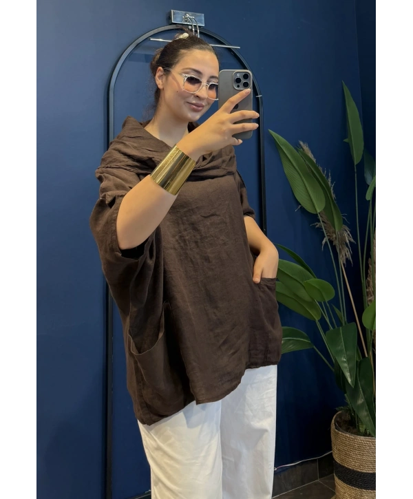 İtalyan Degaje Yaka Keten Bluz kahverengi