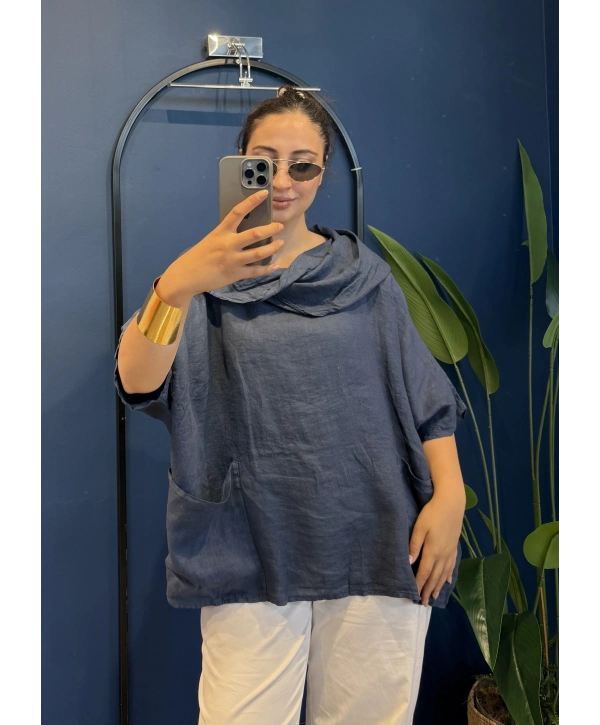 İtalyan Degaje Yaka Keten Bluz Lacivert