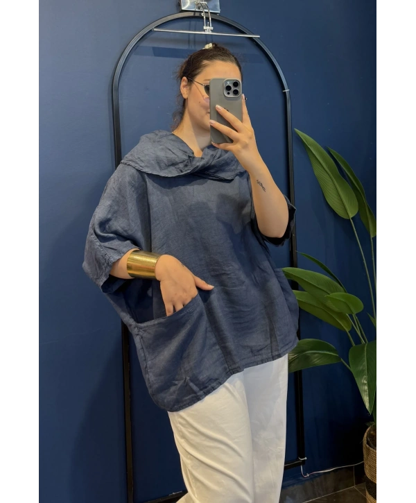 İtalyan Degaje Yaka Keten Bluz Lacivert