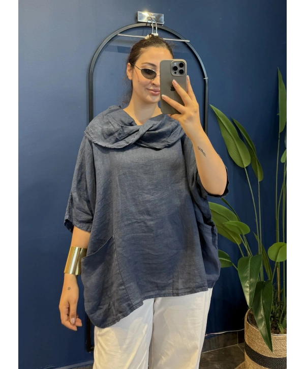 İtalyan Degaje Yaka Keten Bluz Lacivert