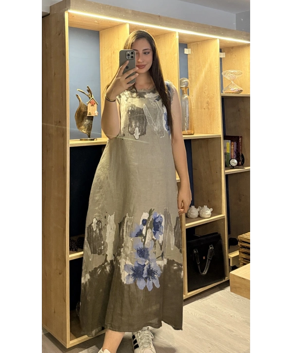 İtalyan Desenli Keten Elbise Vizon
