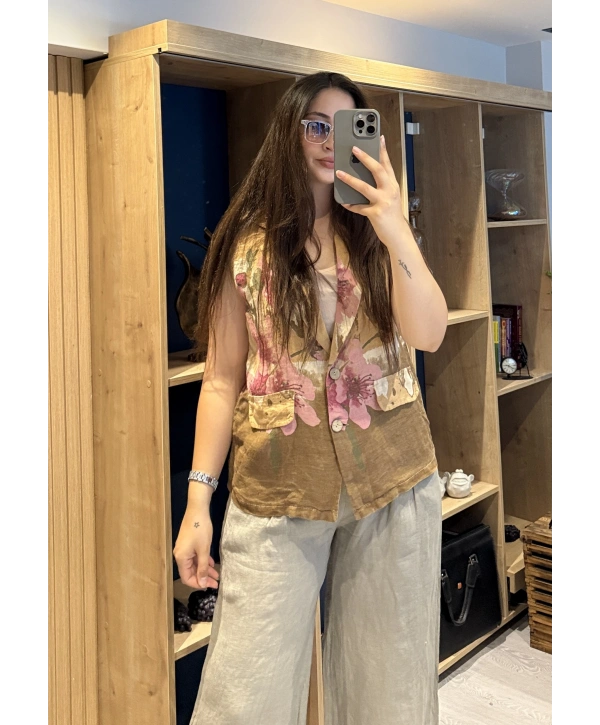 İtalyan Desenli Keten Yelek Camel