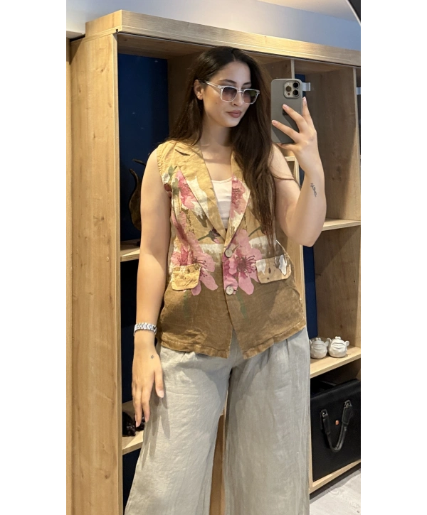 İtalyan Desenli Keten Yelek Camel