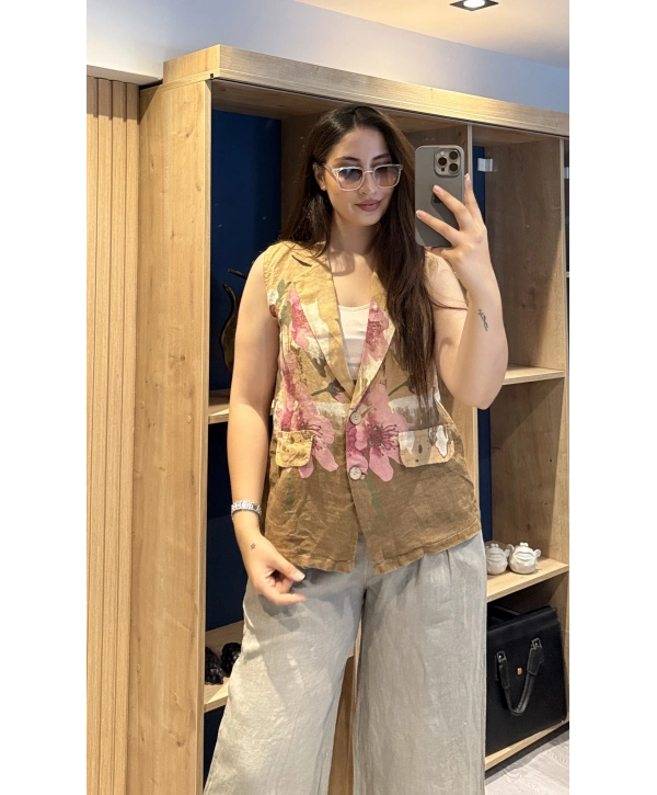 İtalyan Desenli Keten Yelek Camel
