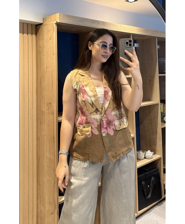 İtalyan Desenli Keten Yelek Camel