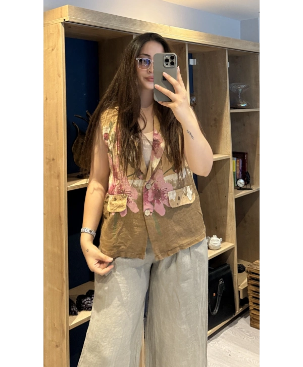 İtalyan Desenli Keten Yelek Camel