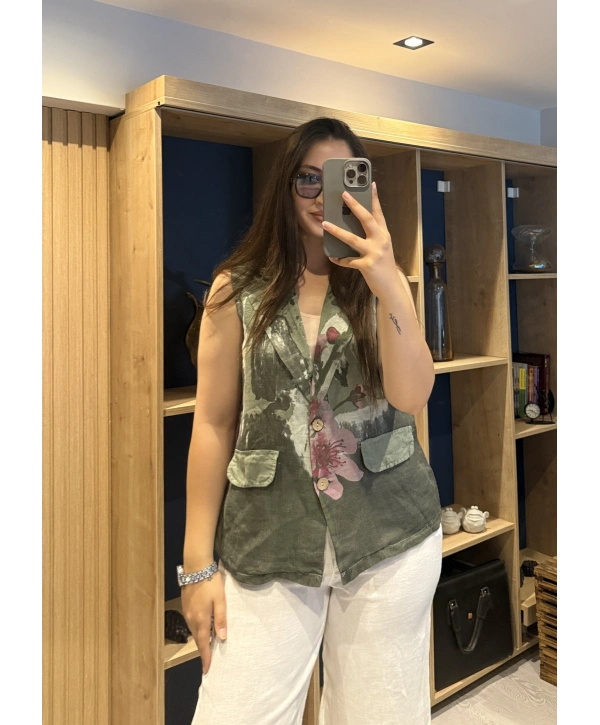 İtalyan Desenli Keten Yelek Haki