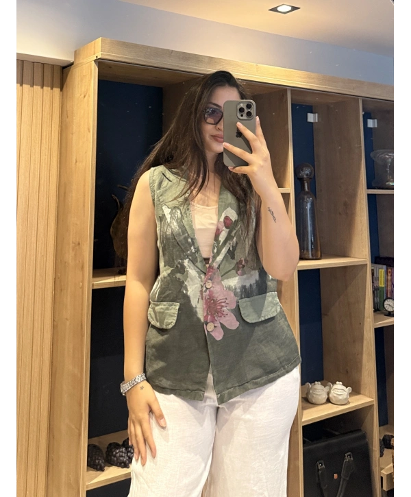 İtalyan Desenli Keten Yelek Haki