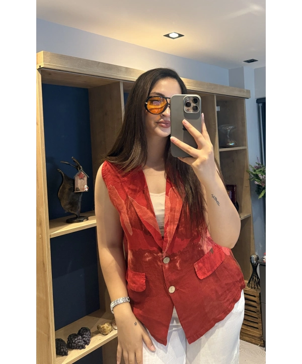 İtalyan Desenli Keten Yelek Kırmızı