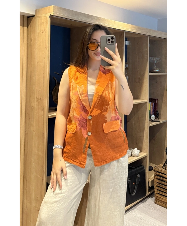 İtalyan Desenli Keten Yelek Turuncu