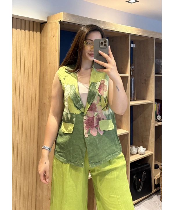 İtalyan Desenli Keten Yelek Yeşil