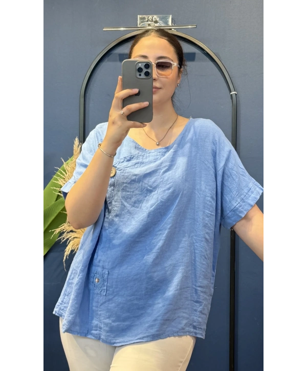 İtalyan Düğme Aksesuarlı Keten Bluz 25049216 - 61274 İndigo