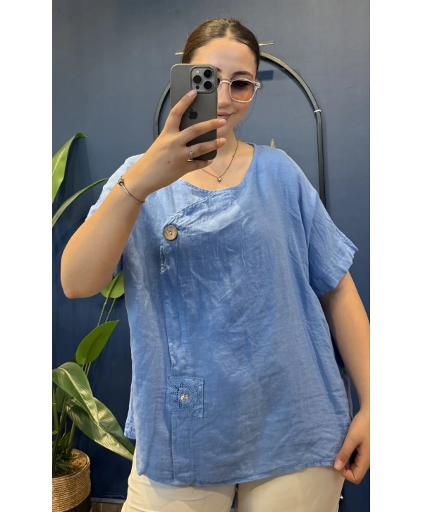 İtalyan Düğme Aksesuarlı Keten Bluz 25049216 - 61274 İndigo
