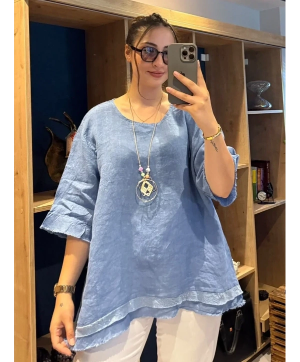 İtalyan Etek Ucu Payet Detaylı Keten Bluz İndigo