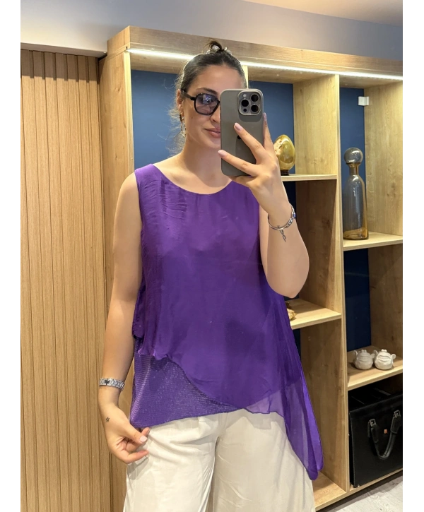 İtalyan Etek Ucu Payet Detaylı Kolsuz İpek Bluz Mor