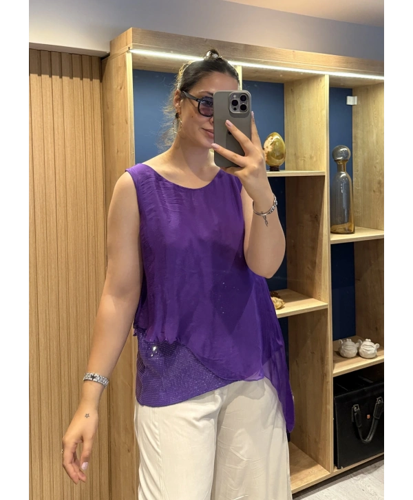 İtalyan Etek Ucu Payet Detaylı Kolsuz İpek Bluz Mor