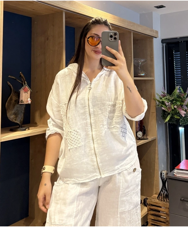 İtalyan Fermuarlı Keten Ceket Beyaz