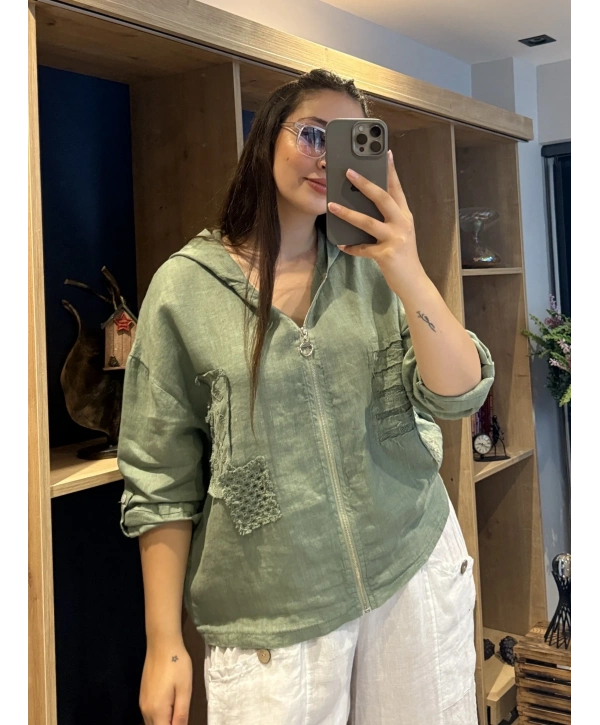 İtalyan Fermuarlı Keten Ceket Haki