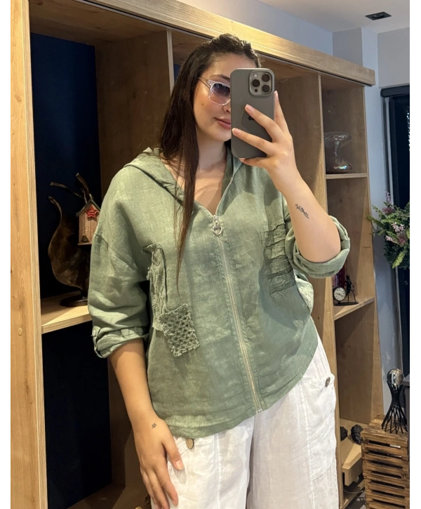 İtalyan Fermuarlı Keten Ceket Haki