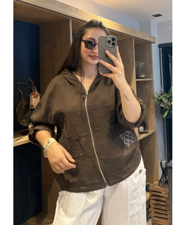 İtalyan Fermuarlı Keten Ceket Kahverengi