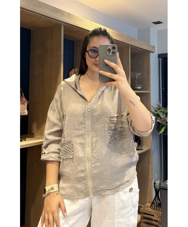 İtalyan Fermuarlı Keten Ceket Vizon