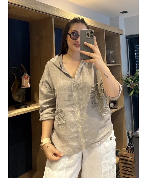 İtalyan Fermuarlı Keten Ceket Vizon