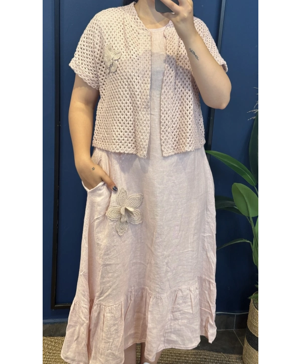 İtalyan Güpür Detaylı Ceket Ve Elbise Takım 2558 Pembe
