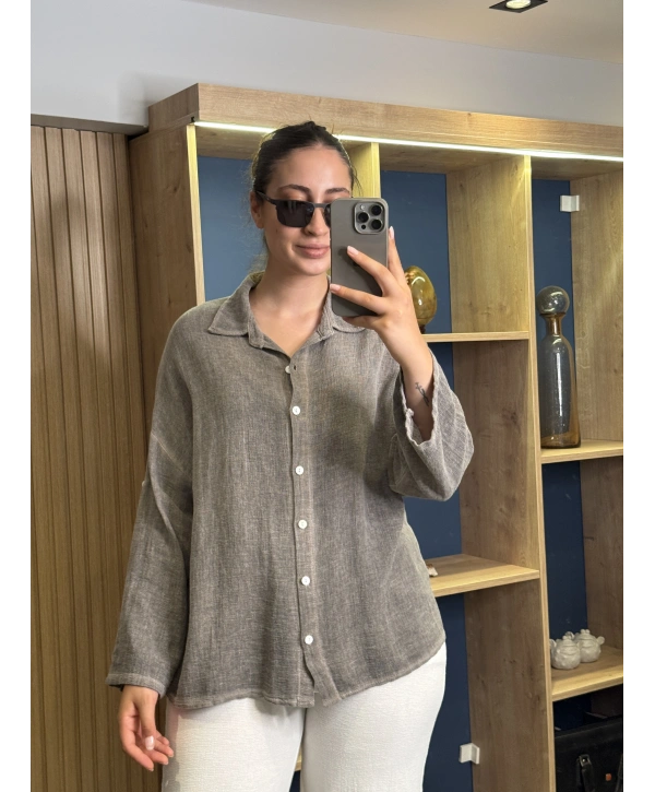 İtalyan Ham Keten Gömlek Vizon