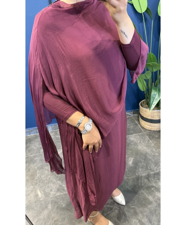 İtalyan İpek Katlı Uzun Kollu Elbise 22881 Bordo
