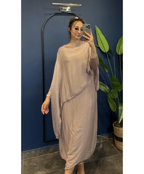 İtalyan İpek Katlı Uzun Kollu Elbise 22881 Vizon