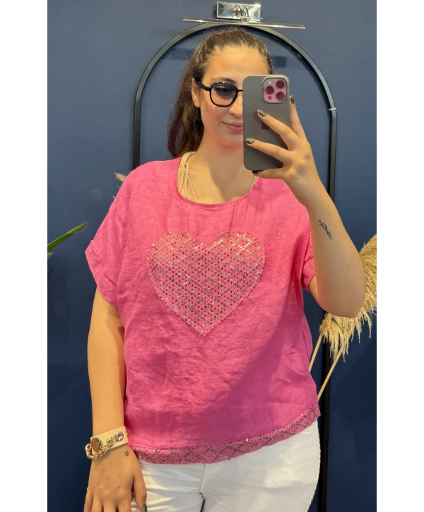 İtalyan Kalpli Pullu Keten Bluz Fuşya 409