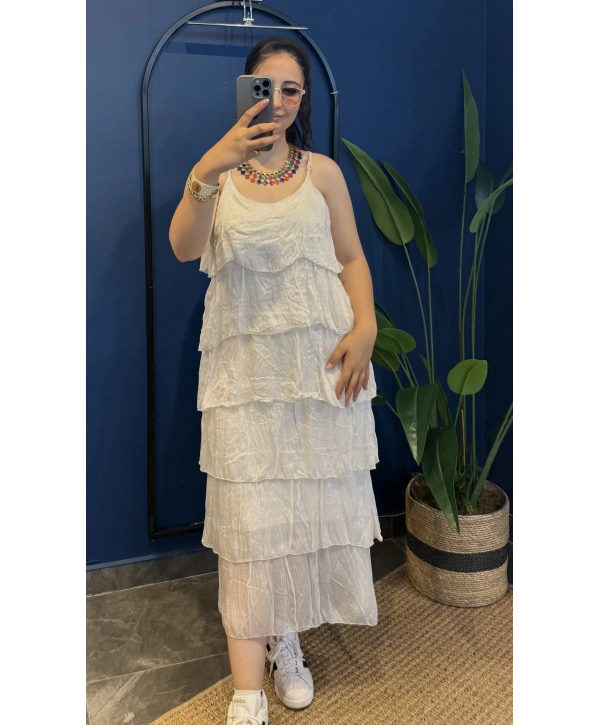 İtalyan Kat Kat Askılı İpek Elbise 7115 Bej