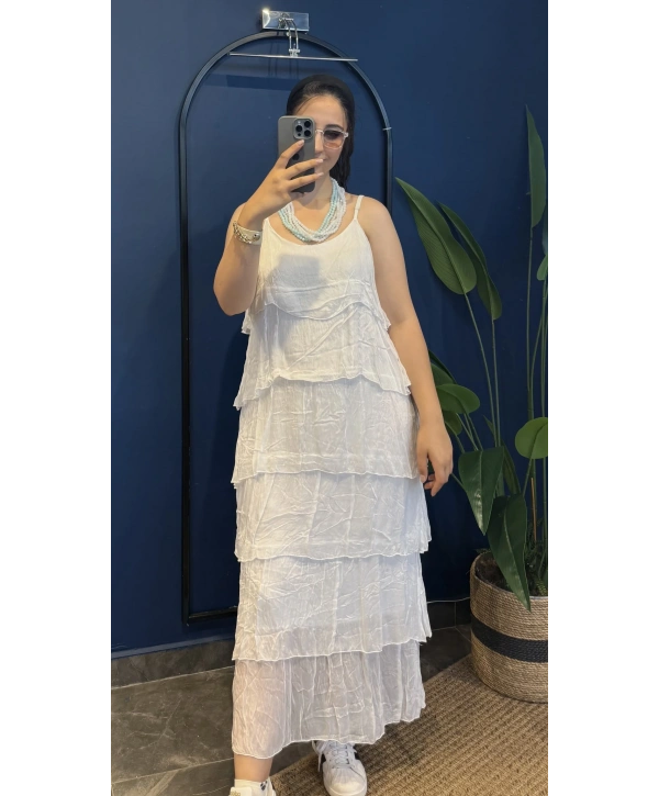 İtalyan Kat Kat Askılı İpek Elbise Beyaz 7115