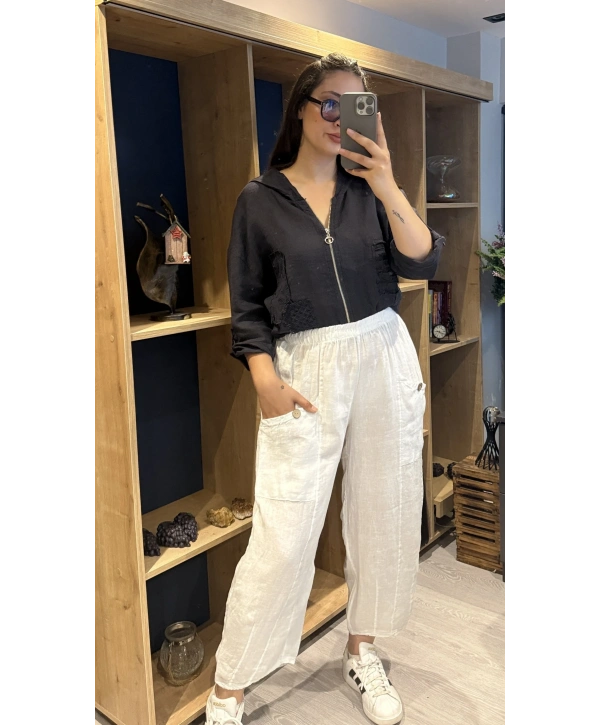 İtalyan Keten Cebi Düğme Detaylı Pantolon Beyaz