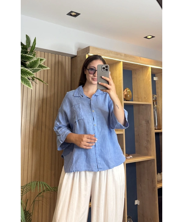 İtalyan Kolları Güpür Detaylı Keten Gömlek İndigo