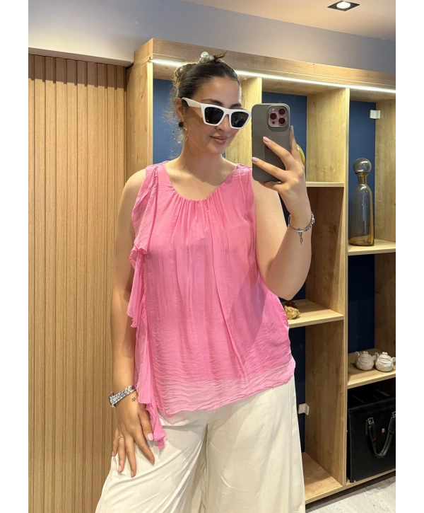 İtalyan Kolsuz Yakası FırFır Detaylı İpek Bluz Pembe