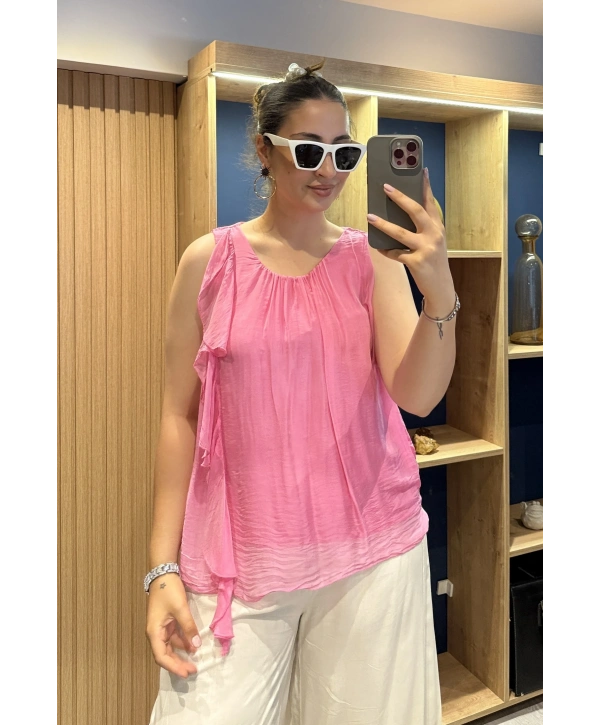 İtalyan Kolsuz Yakası FırFır Detaylı İpek Bluz Pembe