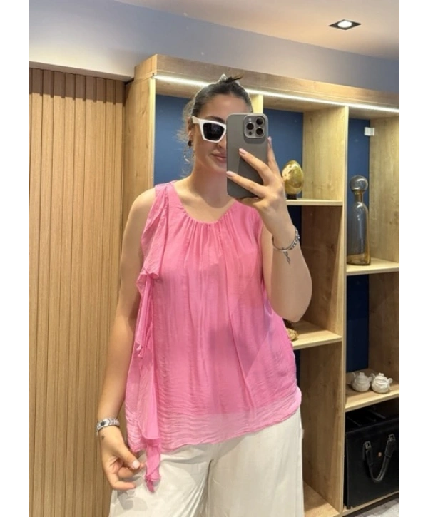 İtalyan Kolsuz Yakası FırFır Detaylı İpek Bluz Pembe