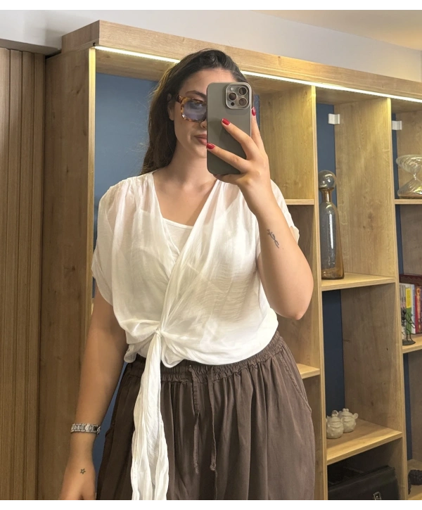 İtalyan Önden Bağlamalı İpek Bluz Beyaz