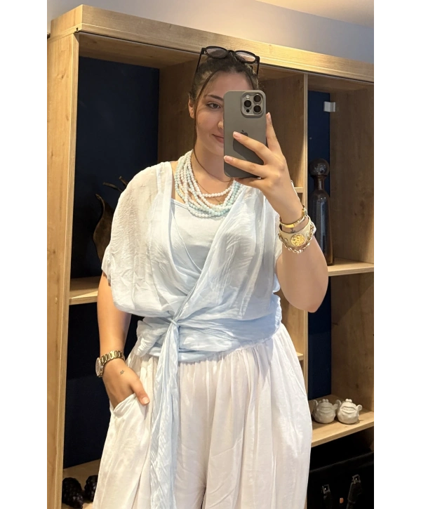 İtalyan Önden Bağlamalı İpek Bluz Buz Mavisi