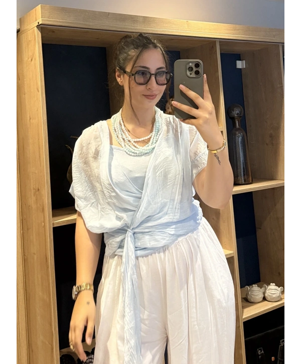 İtalyan Önden Bağlamalı İpek Bluz Buz Mavisi