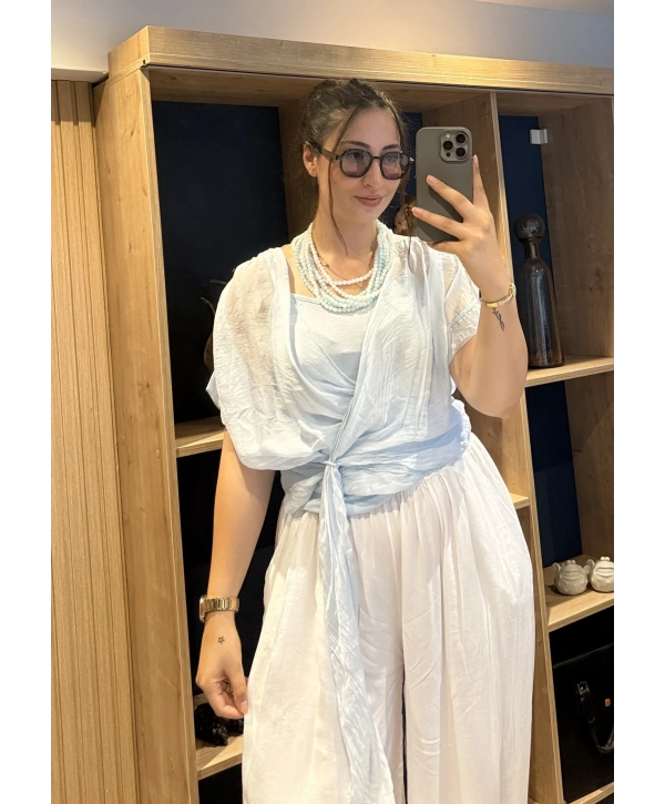 İtalyan Önden Bağlamalı İpek Bluz Buz Mavisi